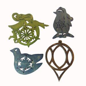 Handcrafted Wood Cut Out Christmas Ornaments Green Set of 4 Penguin Bird Snowfla